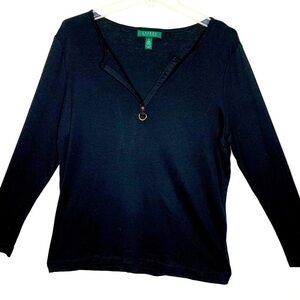 Lauren Ralph Lauren Black V-Neck Gold Bit 1/4 Sleeve Cotton Tunic Top Size 1X